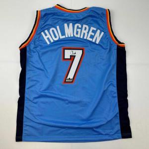 imageFacsimile Autographed Chet Holmgren Oklahoma City Blue Reprint Laser Auto Basketball Jersey Size Mens XL