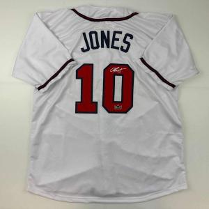 imageFacsimile Autographed Chipper Jones Atlanta White Reprint Laser Auto Baseball Jersey Size Mens XL