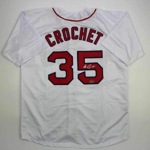imageFacsimile Autographed Garrett Crochet Boston White Reprint Laser Auto Baseball Jersey Size Mens XL