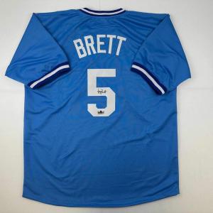 imageFacsimile Autographed George Brett Kansas City Blue Reprint Laser Auto Baseball Jersey Size Mens XL