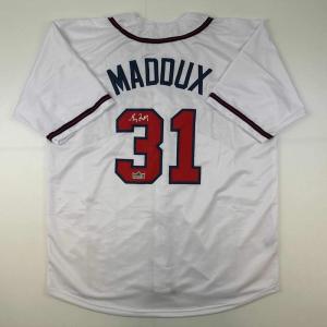 imageFacsimile Autographed Greg Maddux Atlanta White Reprint Laser Auto Baseball Jersey Size Mens XL