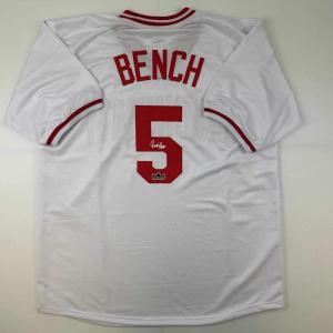 imageFacsimile Autographed Johnny Bench Cincinnati White Reprint Laser Auto Baseball Jersey Size Mens XL