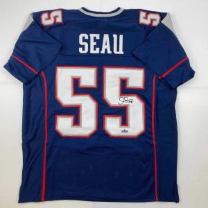 imageFacsimile Autographed Junior Seau New England Blue Reprint Laser Auto Football Jersey Size Mens XL