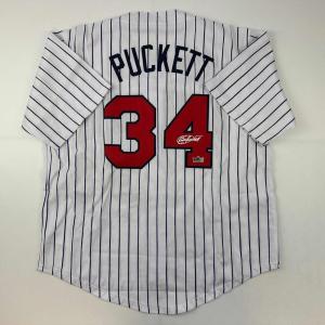 imageFacsimile Autographed Kirby Puckett Minnesota Pinstripe Reprint Laser Auto Baseball Jersey Size Mens XL