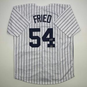imageFacsimile Autographed Max Fried New York Pinstripe Reprint Laser Auto Baseball Jersey Size Mens XL