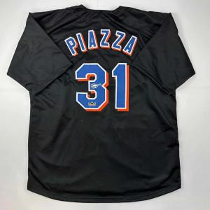 imageFacsimile Autographed Mike Piazza New York Black Reprint Laser Auto Baseball Jersey Size Mens XL