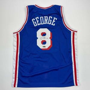 imageFacsimile Autographed Paul George Philadelphia Blue Reprint Laser Auto Basketball Jersey Size Mens XL
