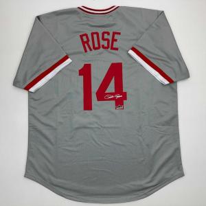 imageFacsimile Autographed Pete Rose Cincinnati Grey Reprint Laser Auto Baseball Jersey Size Mens XL
