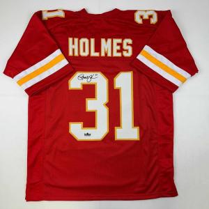 imageFacsimile Autographed Priest Holmes Kansas City Red Reprint Laser Auto Football Jersey Size Mens XL