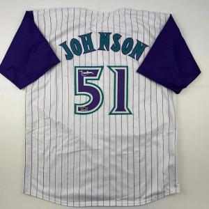 imageFacsimile Autographed Randy Johnson Arizona Pinstripe Reprint Laser Auto Baseball Jersey Size Mens XL