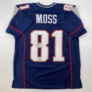 imageFacsimile Autographed Randy Moss New England Blue Reprint Laser Auto Football Jersey Size Mens XL