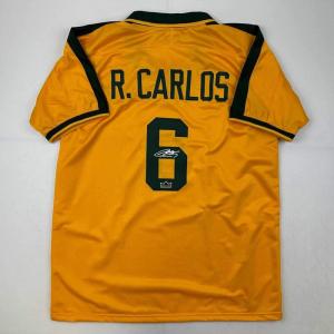 imageFacsimile Autographed Roberto Carlos Brazil Yellow World Cup Reprint Laser Auto Soccer Jersey Size Mens XL