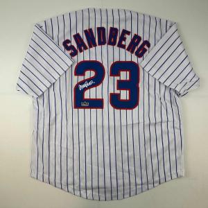 imageFacsimile Autographed Ryne Sandberg Chicago Pinstripe Reprint Laser Auto Baseball Jersey Size Mens XL