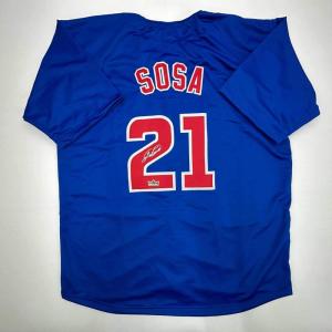 imageFacsimile Autographed Sammy Sosa Chicago Blue Reprint Laser Auto Baseball Jersey Size Mens XL