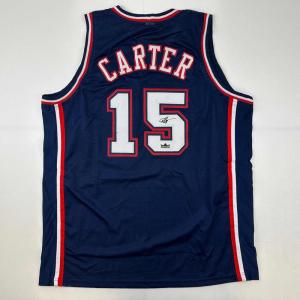 imageFacsimile Autographed Vince Carter New Jersey NJ Blue Reprint Laser Auto Basketball Jersey Size Mens XL