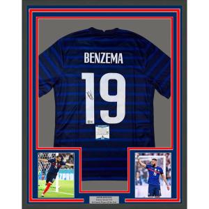 imageFramed AutographedSigned Karim Benzema 35x39 France French National Team Blue Soccer Jersey Beckett BAS COA