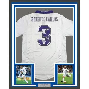 imageFramed AutographedSigned Roberto Carlos 35x39 Real Madrid White Soccer Jersey Beckett BAS COA 2