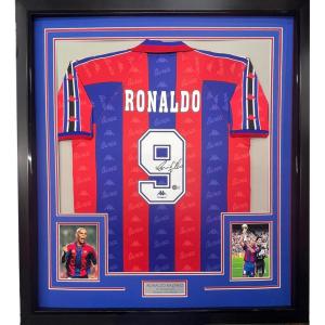 imageFramed AutographedSigned Ronaldo Nazario 35x39 FC Barcelona RedBlue Soccer Jersey Beckett BAS COA