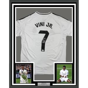 imageFramed AutographedSigned Vini Vinicius Jr 7 35x39 Real Madrid White Soccer Jersey Beckett BAS COA