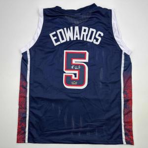 imageFacsimile Autographed Anthony Edwards 2024 United States Team USA Blue Reprint Laser Auto Basketball Jersey Size Mens XL
