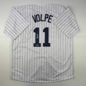 imageFacsimile Autographed Anthony Volpe New York Pinstripe Reprint Laser Auto Baseball Jersey Size Mens XL