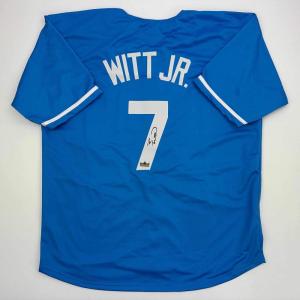imageFacsimile Autographed Bobby Witt Jr Kansas City Blue Reprint Laser Auto Baseball Jersey Size Mens XL
