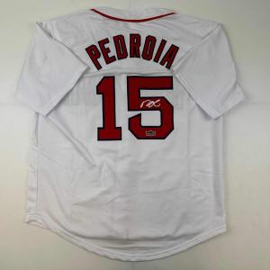 imageFacsimile Autographed Dustin Pedroia Boston White Reprint Laser Auto Baseball Jersey Size Mens XL