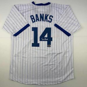 imageFacsimile Autographed Ernie Banks Chicago Pinstripe Reprint Laser Auto Baseball Jersey Size Mens XL