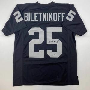 imageFacsimile Autographed Fred Biletnikoff Oakland Las Vegas Black Reprint Laser Auto Football Jersey Size Mens XL