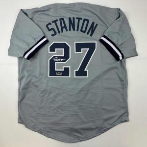 imageFacsimile Autographed Giancarlo Stanton New York Grey Reprint Laser Auto Baseball Jersey Size Mens XL
