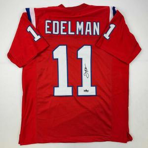 imageFacsimile Autographed Julian Edelman New England Red Reprint Laser Auto Football Jersey Size Mens XL