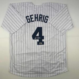 imageFacsimile Autographed Lou Gehrig New York Pinstripe Reprint Laser Auto Baseball Jersey Size Mens XL