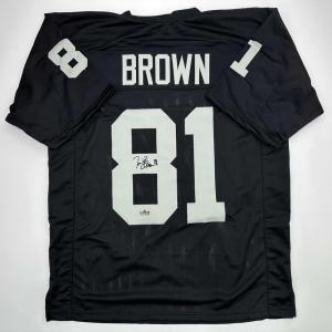 imageFacsimile Autographed Tim Brown Oakland Las Vegas Black Reprint Laser Auto Football Jersey Size Mens XL