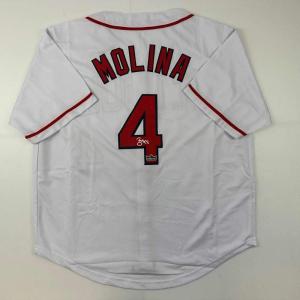 imageFacsimile Autographed Yadier Molina St Louis White Reprint Laser Auto Baseball Jersey Size Mens XL
