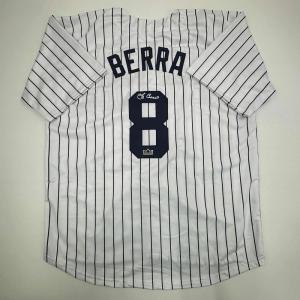 imageFacsimile Autographed Yogi Berra New York Pinstripe Reprint Laser Auto Baseball Jersey Size Mens XL