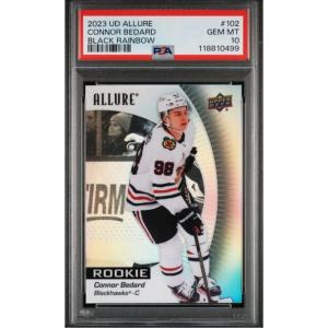 imageGraded 2023 Upper Deck Allure Connor Bedard 102 Black Rainbow Rookie RC Hockey Card PSA 10 Gem Mint