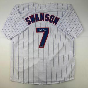 imageFacsimile Autographed Dansby Swanson Chicago Pinstripe Reprint Laser Auto Baseball Jersey Size Mens XL