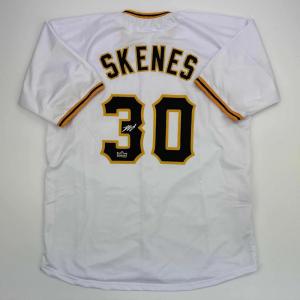 imageFacsimile Autographed Paul Skenes Pittsburgh White Reprint Laser Auto Baseball Jersey Size Mens XL