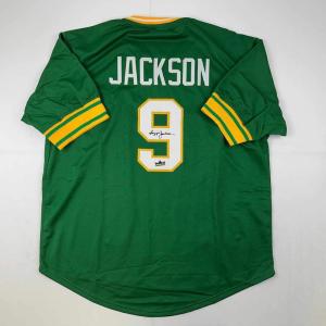 imageFacsimile Autographed Reggie Jackson Oakland Green Reprint Laser Auto Baseball Jersey Size Mens XL