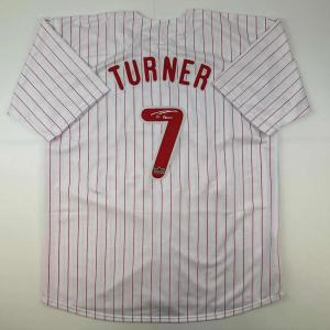 imageFacsimile Autographed Trea Turner Philadelphia Pinstripe Reprint Laser Auto Baseball Jersey Size Mens XL
