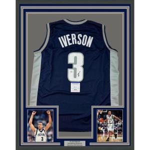 imageFramed AutographedSigned Allen Iverson 33x42 Georgetown Blue College Basketball Jersey JSA COA