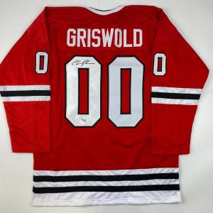 imageAutographedSigned Chevy Chase Clark Griswold Christmas Vacation Movie Chicago Red Hockey Jersey Beckett BAS COA