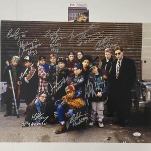 imageAutographedSigned The Mighty Ducks Movie 10x Cast Member Inscribed Sigs 16x20 Baseball Photo JSA COA