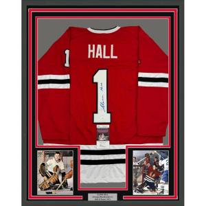 imageFramed AutographedSigned Glenn Hall 35x39 Chicago Red Hockey Jersey JSA COA