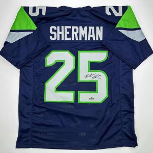 imageFacsimile Autographed Richard Sherman Seattle Blue Reprint Laser Auto Football Jersey Size Mens XL