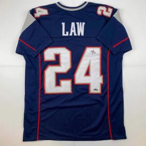 imageFacsimile Autographed Ty Law New England Blue Reprint Laser Auto Football Jersey Size Mens XL