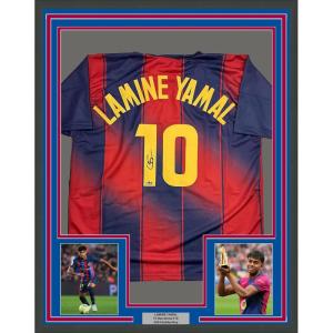 imageFacsimile Autographed Framed Lamine Yamal 10 35x39 FC Barcelona BlueRed Reprint Laser Auto Soccer Jersey
