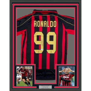 imageFramed AutographedSigned Ronaldo Nazario 35x39 AC Milan BlackRed Soccer Futbol Jersey Beckett BAS COA