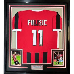 imageFramed Facsimile Autographed Christian Pulisic 35x39 AC Milan BlackRed Reprint Laser Auto Soccer Jersey