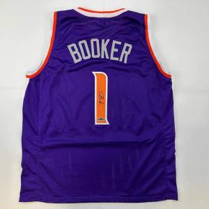 imageFacsimile Autographed Devin Booker Phoenix Purple Reprint Laser Auto Basketball Jersey Size Mens XL